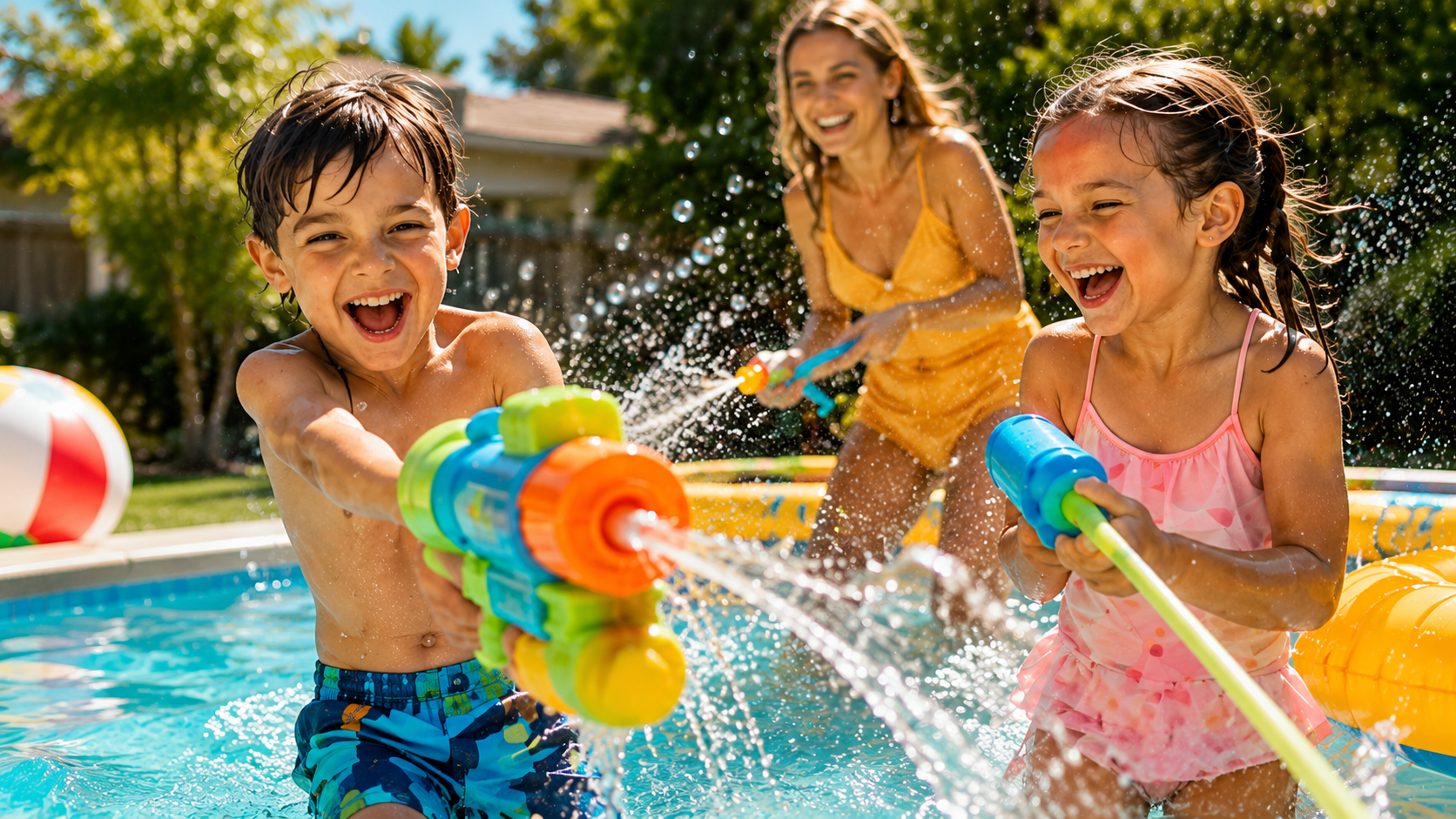 Children playing with water toys in a sunny pool